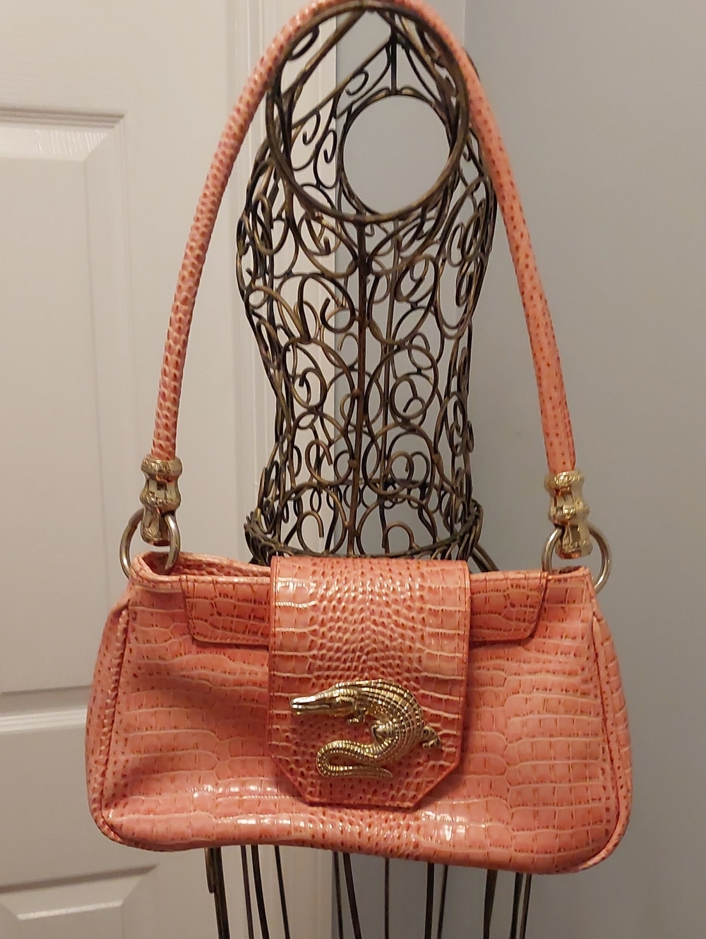 Coral Croc-Embossed Shoulder Bag with Gold Crocodile Accent